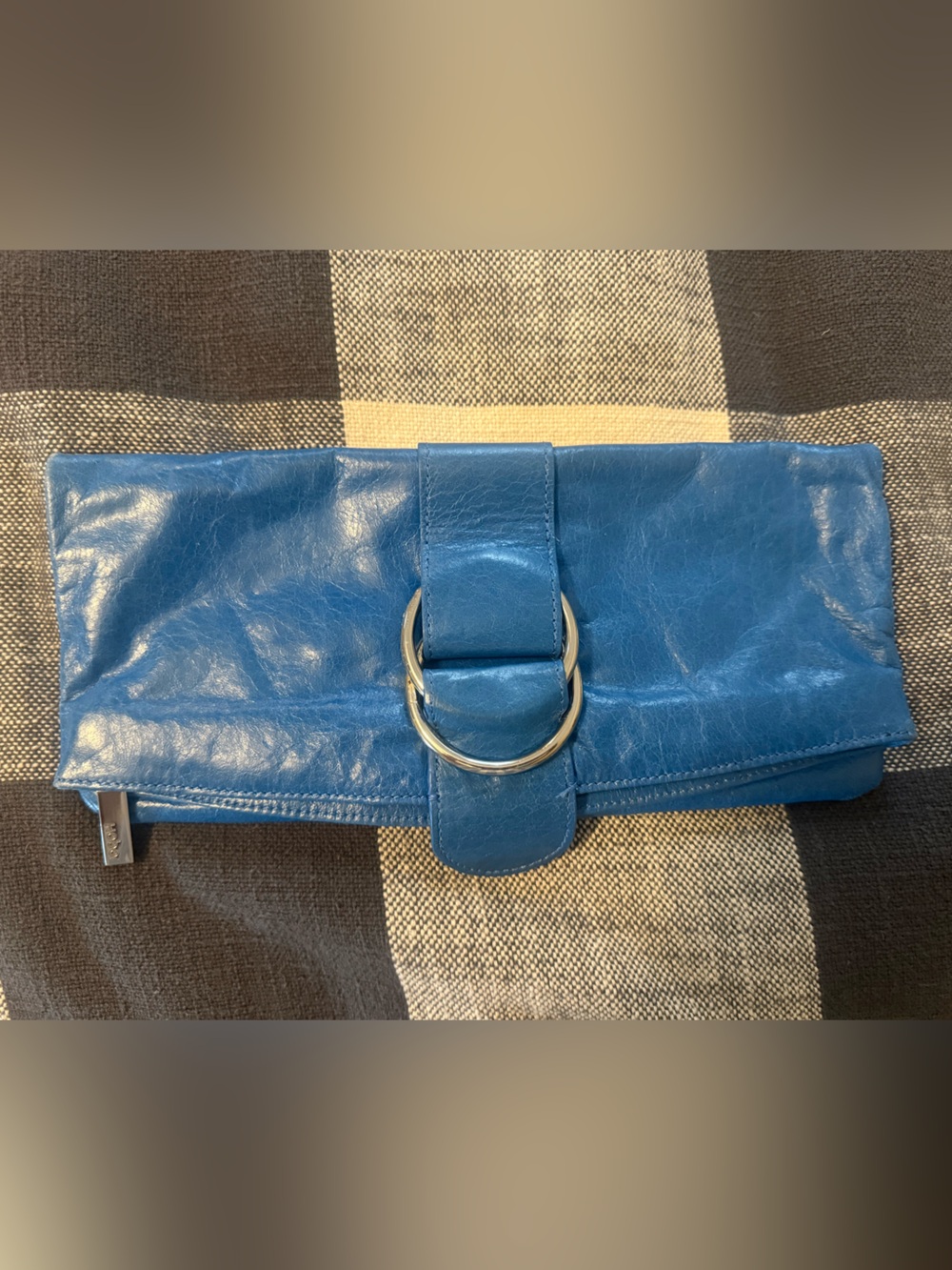 HOBO Blue Leather Key & Card Holder with Silver Ring Detail